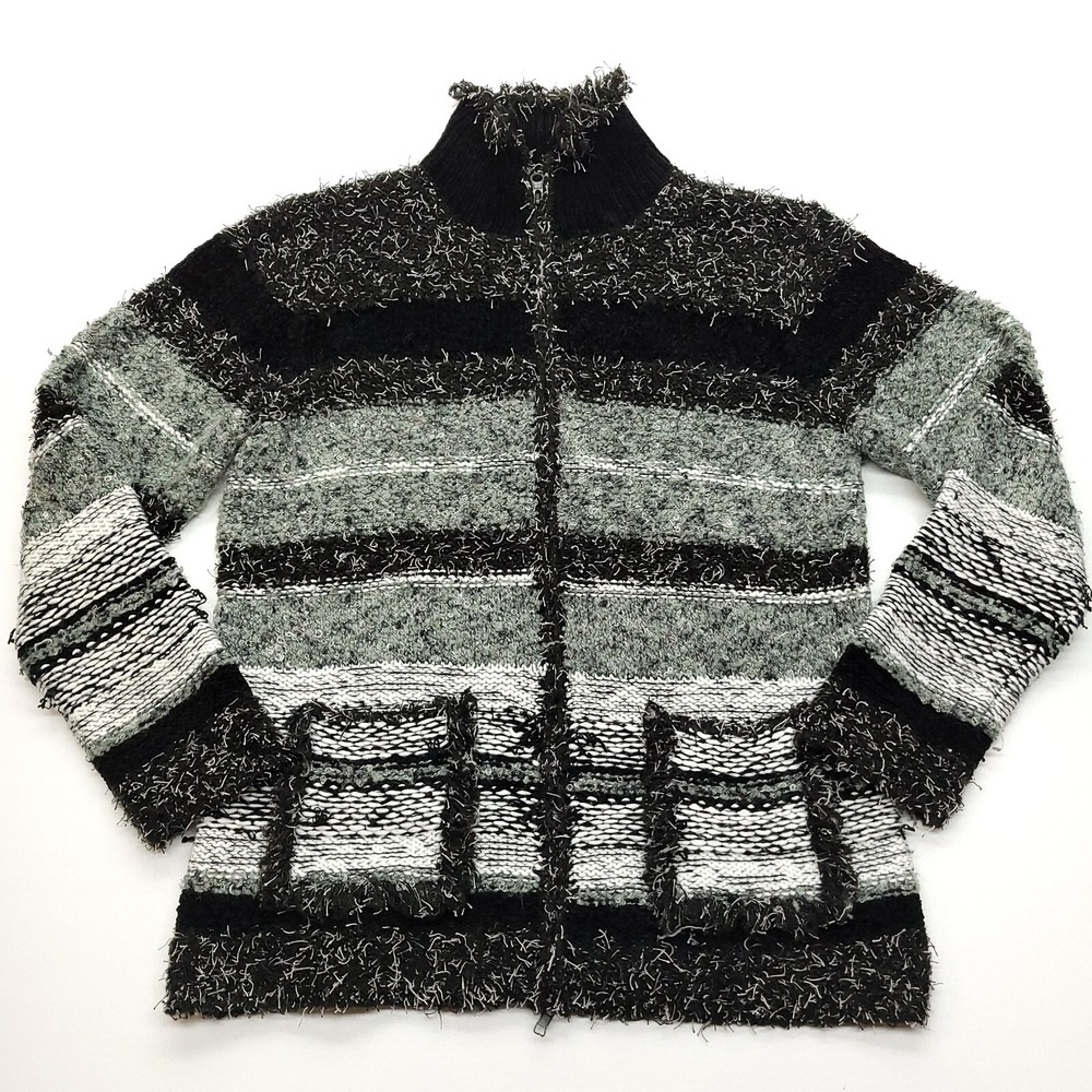 Chicos Sweater Women 2 L Black Gray White Zip Front Pockets Chunky‎ Zip Cardigan